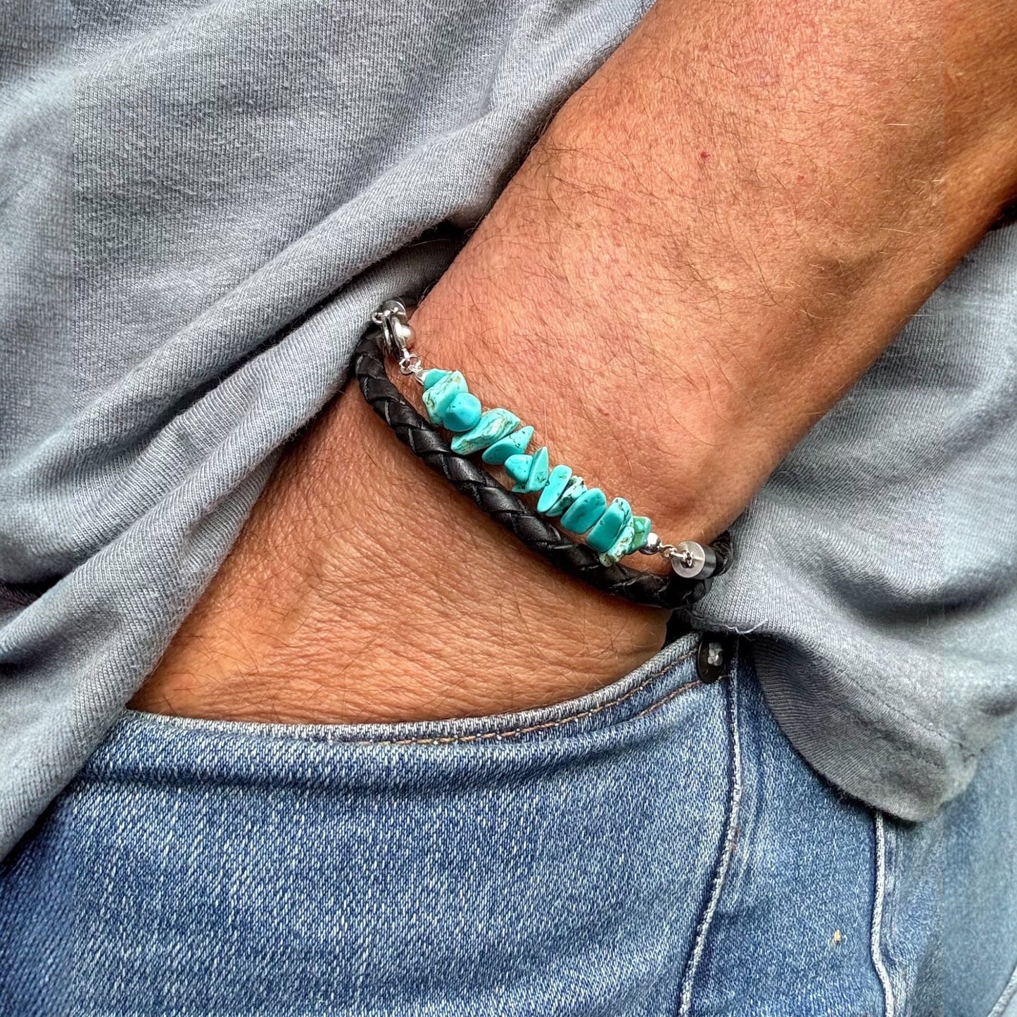 Turquoise And Double Wrap Braided Leather Bracelet – Bold Stylish Men’s