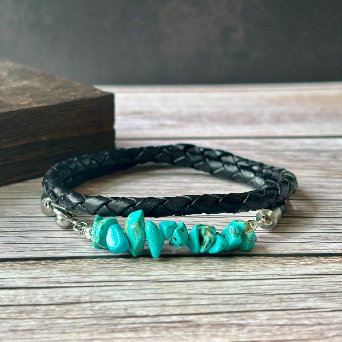 Turquoise And Double Wrap Braided Leather Bracelet – Bold Stylish Men’s