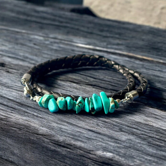 Turquoise And Double Wrap Braided Leather Bracelet – Bold Stylish Men’s