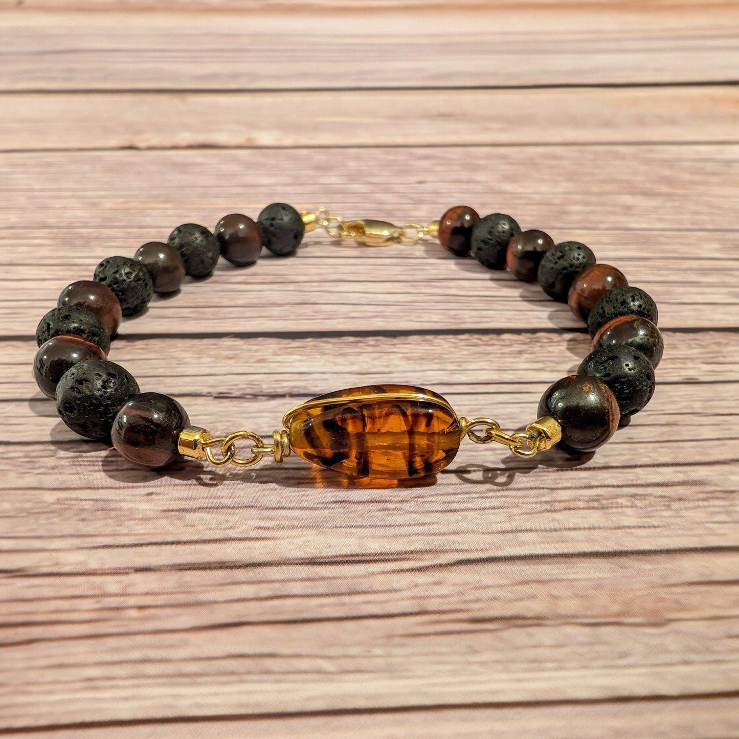 Lava (Basalt) and Red Tiger's Eye Bracelet with Amber Pendant