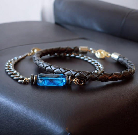 Blue Czech Glass, Chain, Braided Leather Bracelet Pair