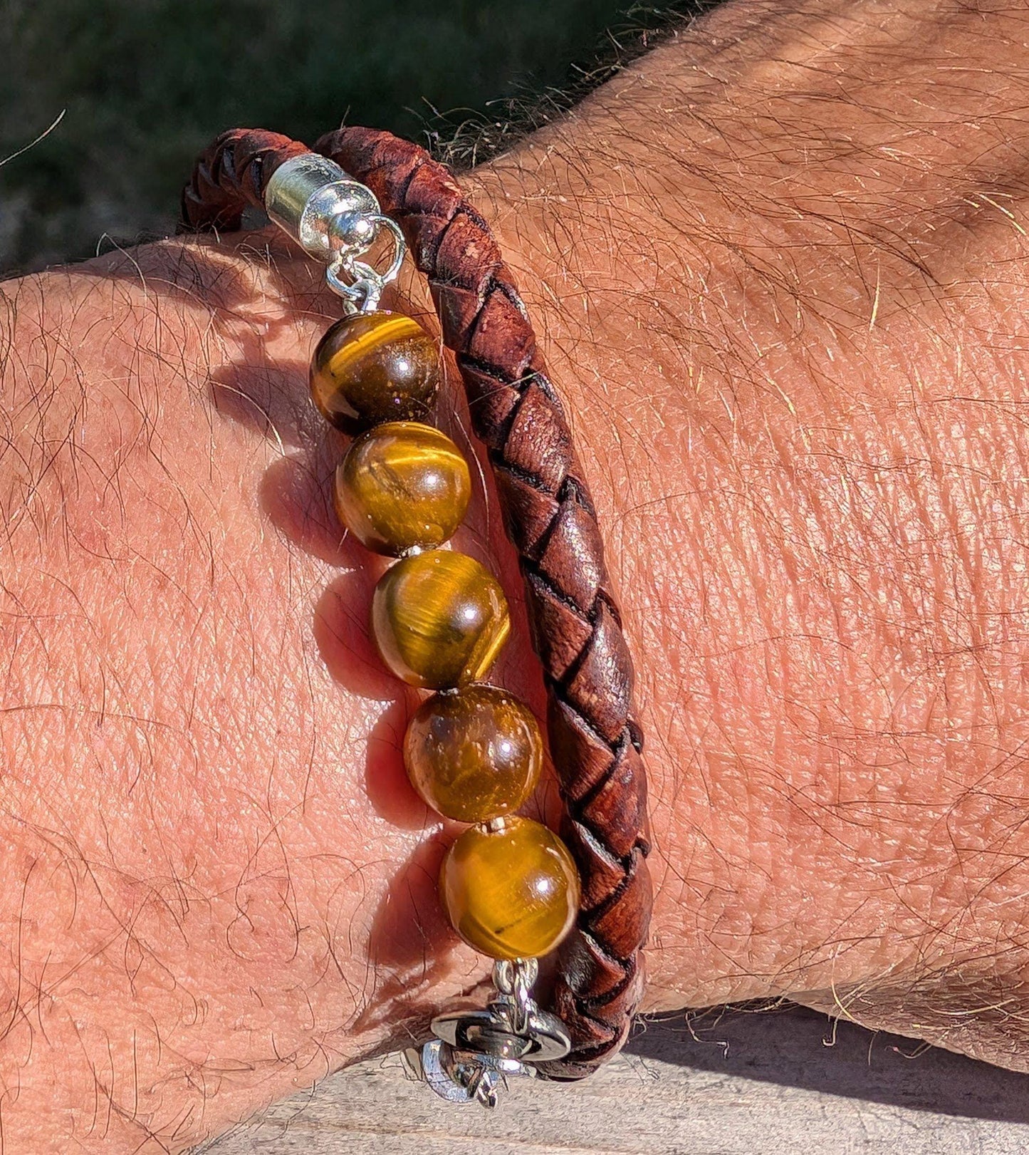 Tiger's Eye and Double Wrap Leather Bracelet