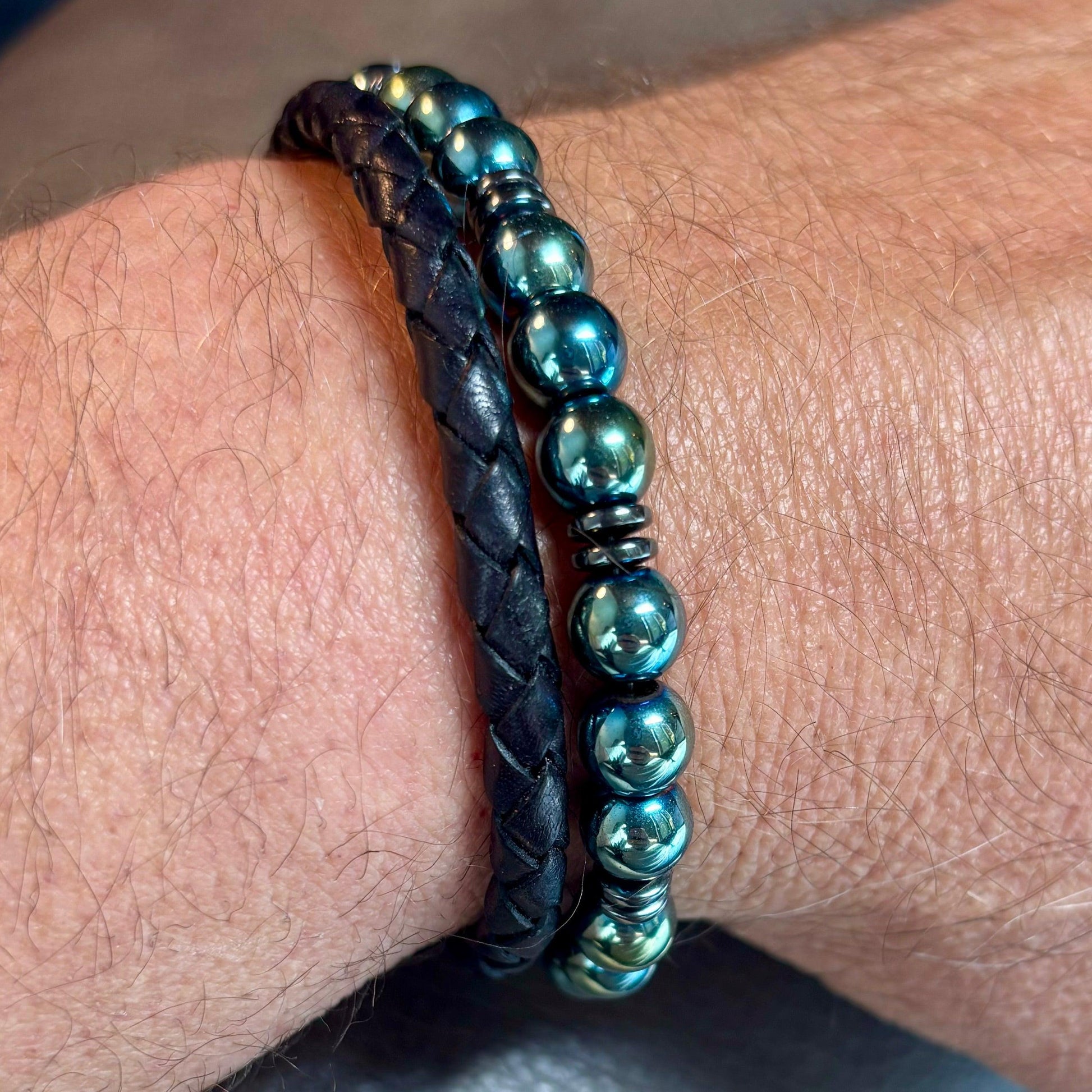 Green Hematite Beaded Bracelet With Braided Leather Men’s