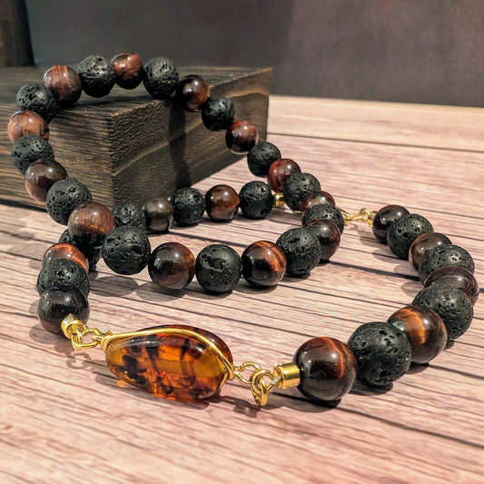 Lava (Basalt) and Red Tiger's Eye Bracelet with Amber Pendant