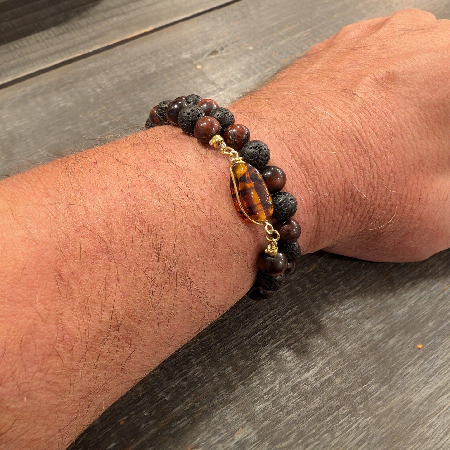 Lava (Basalt) and Red Tiger's Eye Bracelet with Amber Pendant