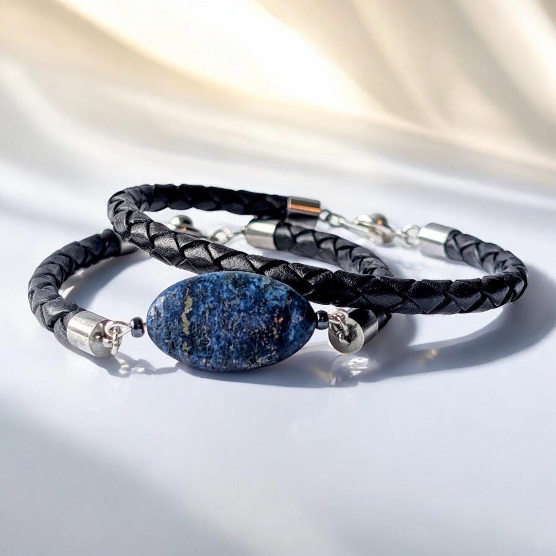 Lapis Lazuli and Black Braided Leather Bracelet Set