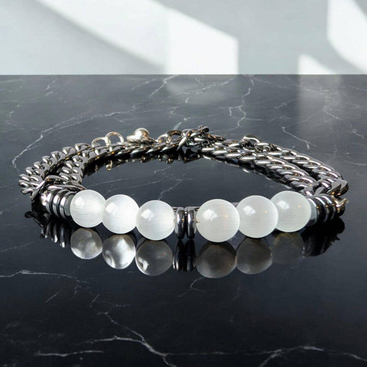 Selenite, Hematite and Gunmetal Chain Bracelet