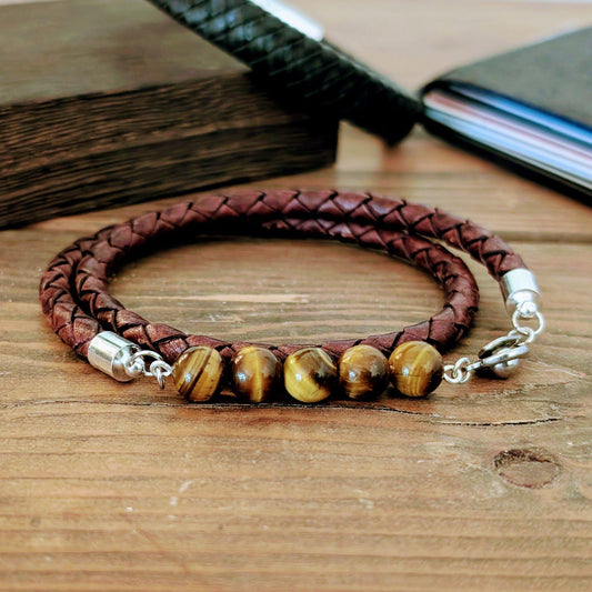 Tiger's Eye and Double Wrap Leather Bracelet