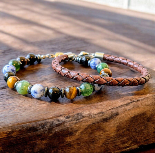 Pacific Northwest Bracelet Duo: Tiger's Eye, Onyx, Jasper  Braided Leather Bracelet