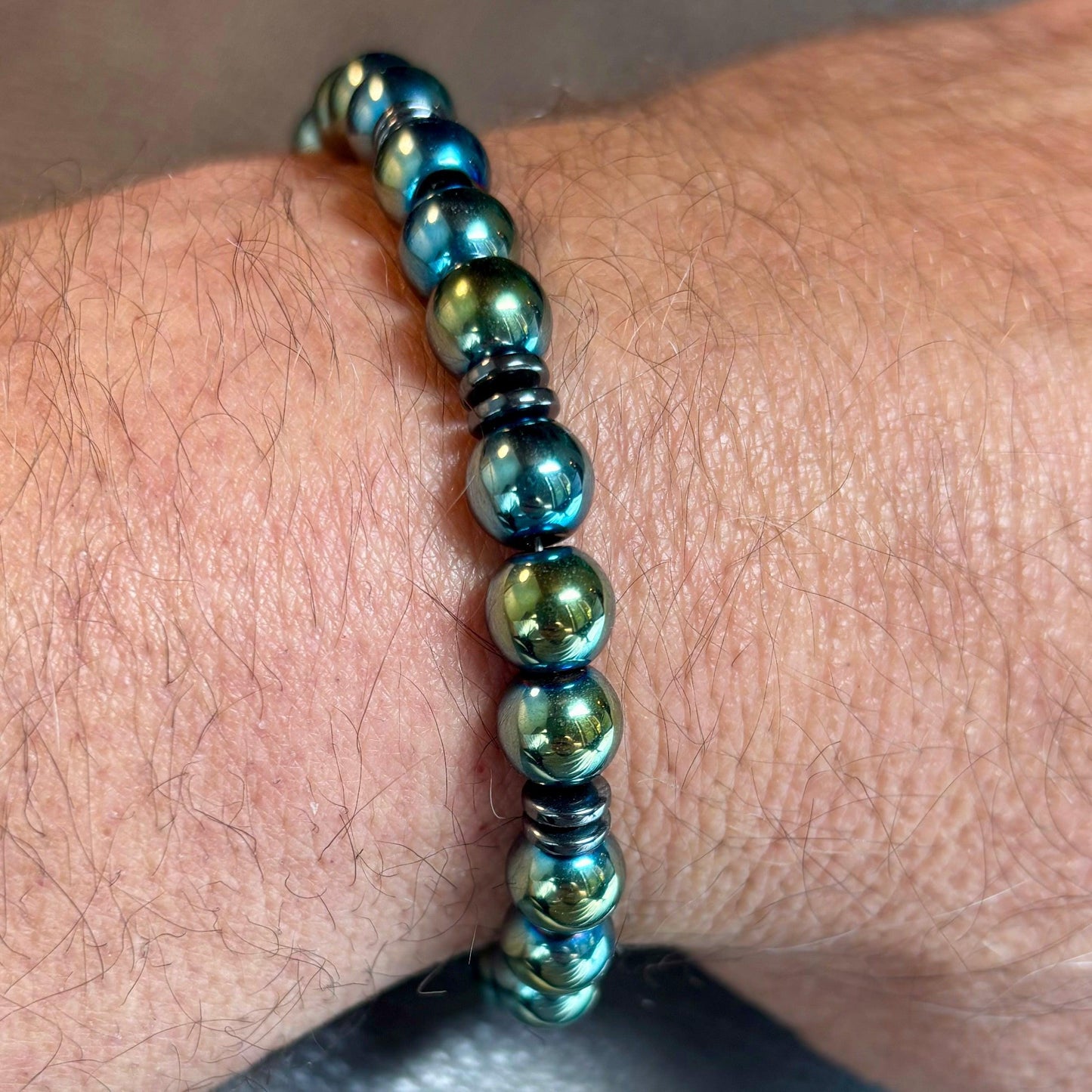 Green Hematite Beaded Bracelet With Braided Leather Men’s